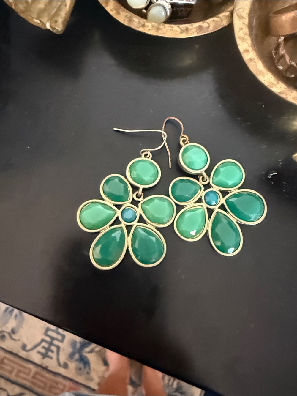 Gold-Tone Green Floral Drop Earrings